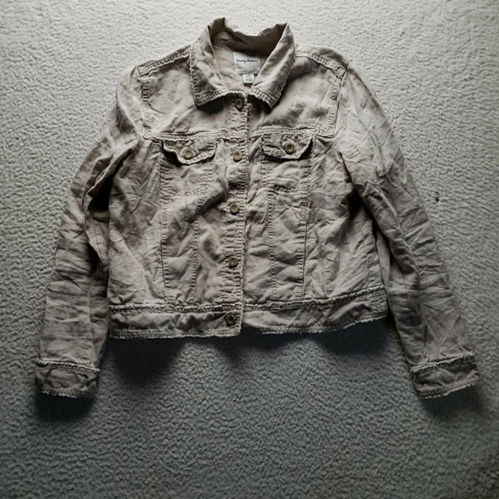 Tommy Bahama Jacket Womens Large Beige Linen Button Front Pockets Casual